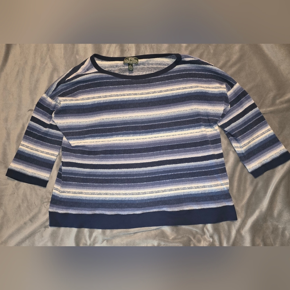 Ralph Lauren Women's Blue and White Striped Scoop Neck Sweater
